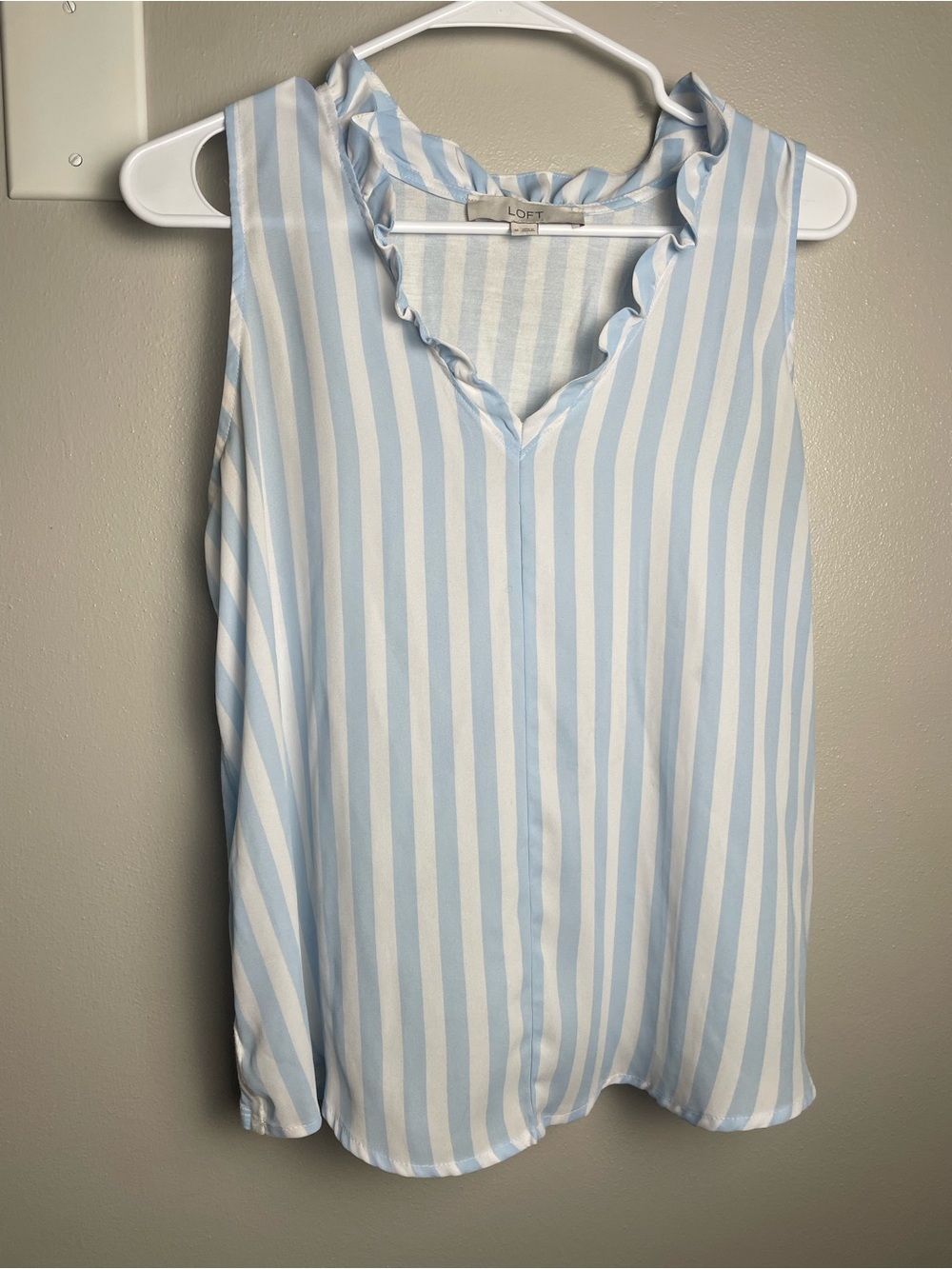 LOFT Light Blue and White Striped Ruffle V-Neck Sleeveless Blouse